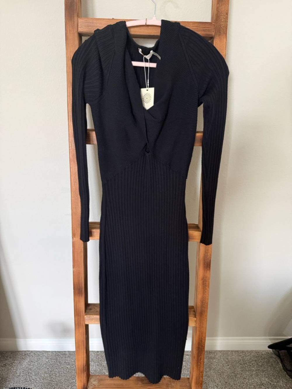 Ramy Brook Black Ribbed Cutout Long-Sleeve Midi Dress - Picture 2 of 7